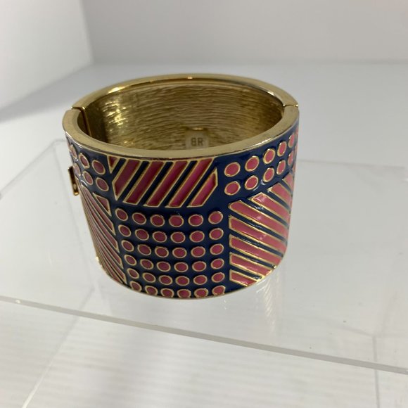 Banana Republic Cuff Bracelet Hinge Navy Blue Pink Enamel Stripe Dots 2" Wide - Picture 3 of 7
